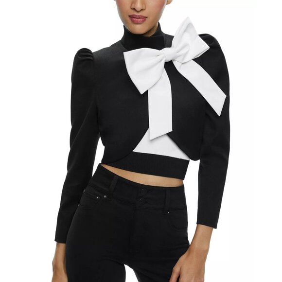 440$ Alice and Olivia Addison Bow Cropped Blazer Top Puff Shoulders Size M Black - Picture 1 of 5